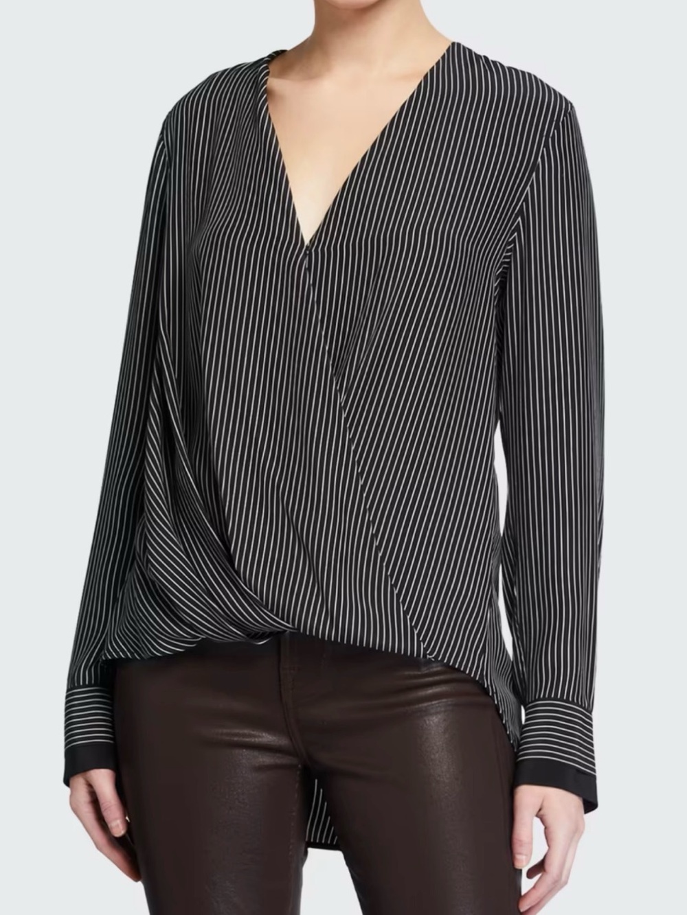 Rag & Bone Victor Striped 100% Silk Wrap Blouse Black White Size M